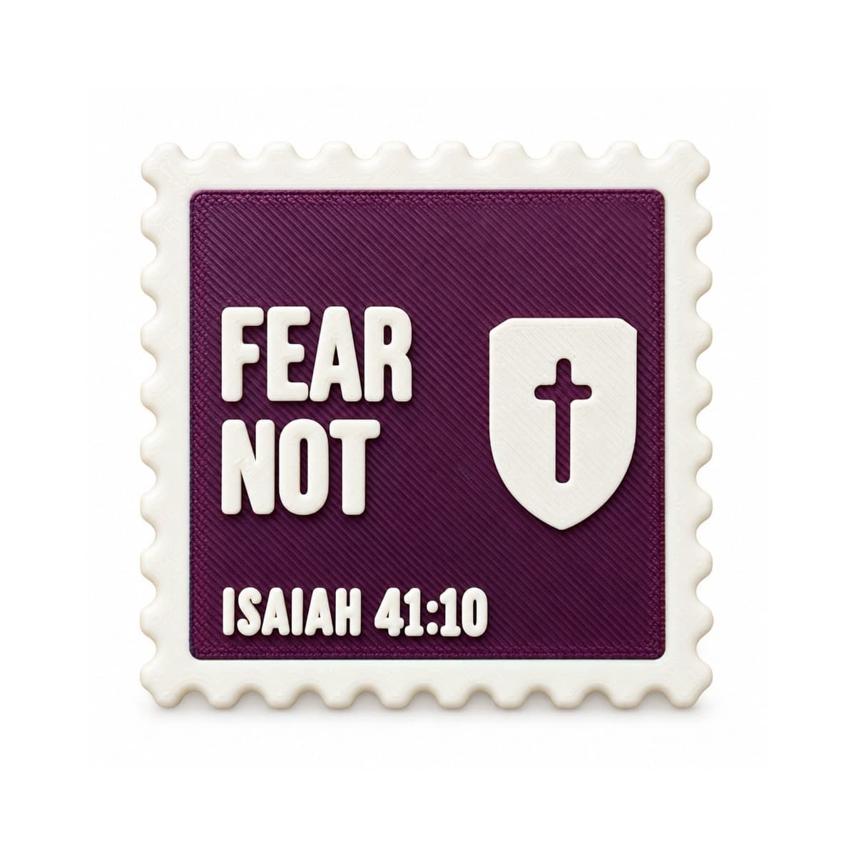The Fear Not fridge magnet, a stamp-shaped plum and cream 3D print